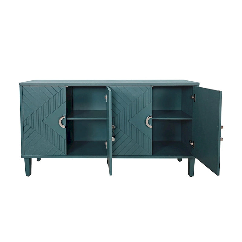 4 Door Sideboard Geometric Diamond Carved Panel Round Ring Pulls Pine Legs Adjustable Shelf
