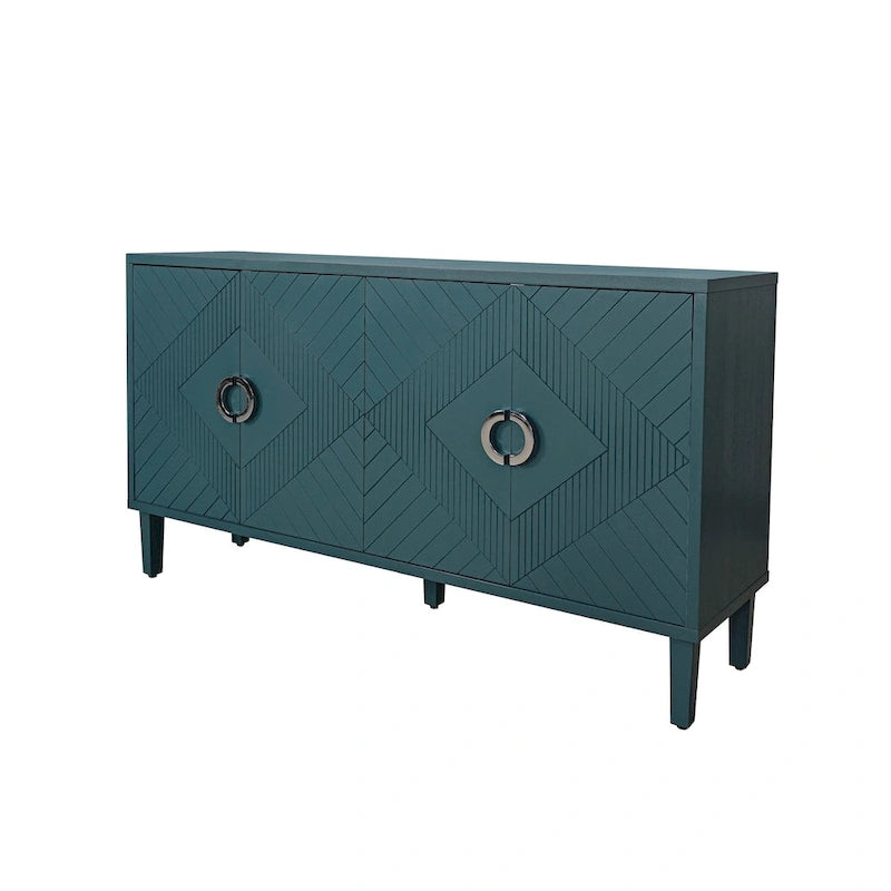 4 Door Sideboard Geometric Diamond Carved Panel Round Ring Pulls Pine Legs Adjustable Shelf