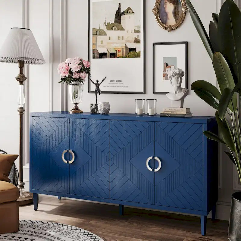 4 Door Sideboard Geometric Diamond Carved Panel Round Ring Pulls Pine Legs Adjustable Shelf