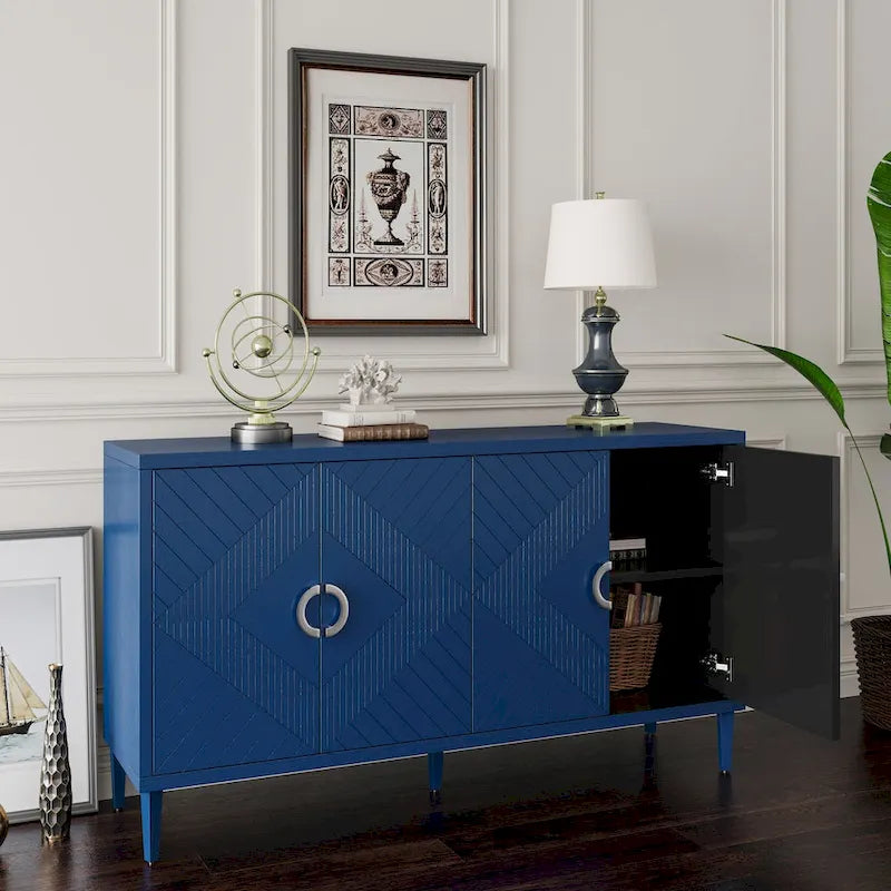 4 Door Sideboard Geometric Diamond Carved Panel Round Ring Pulls Pine Legs Adjustable Shelf