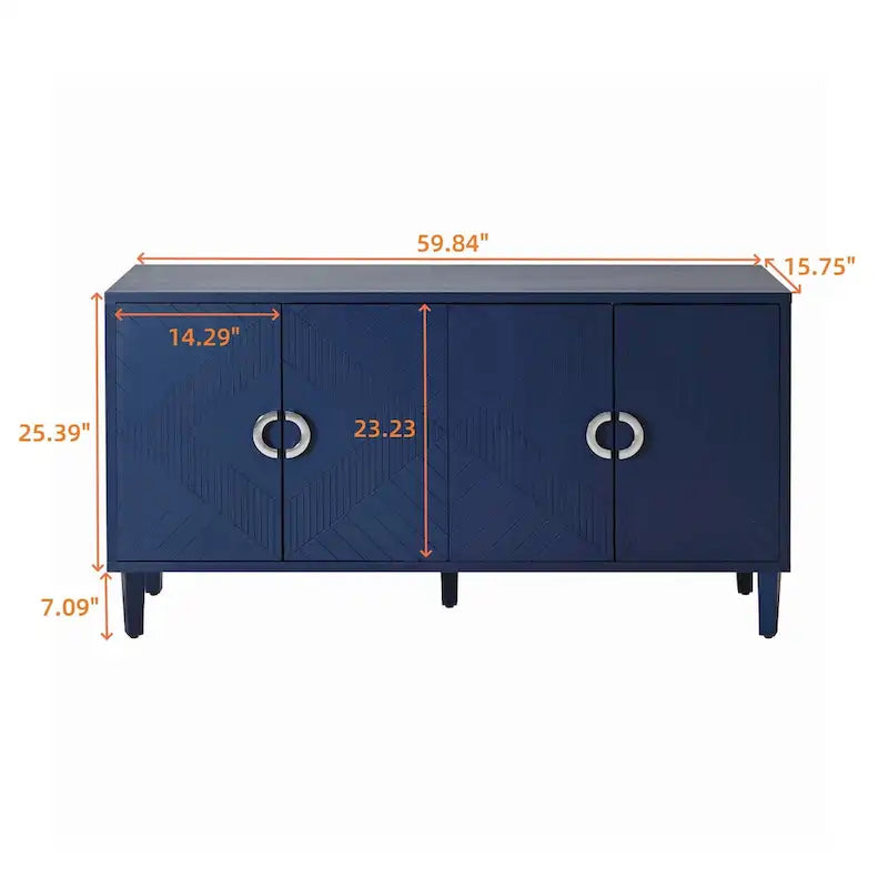 4 Door Sideboard Geometric Diamond Carved Panel Round Ring Pulls Pine Legs Adjustable Shelf