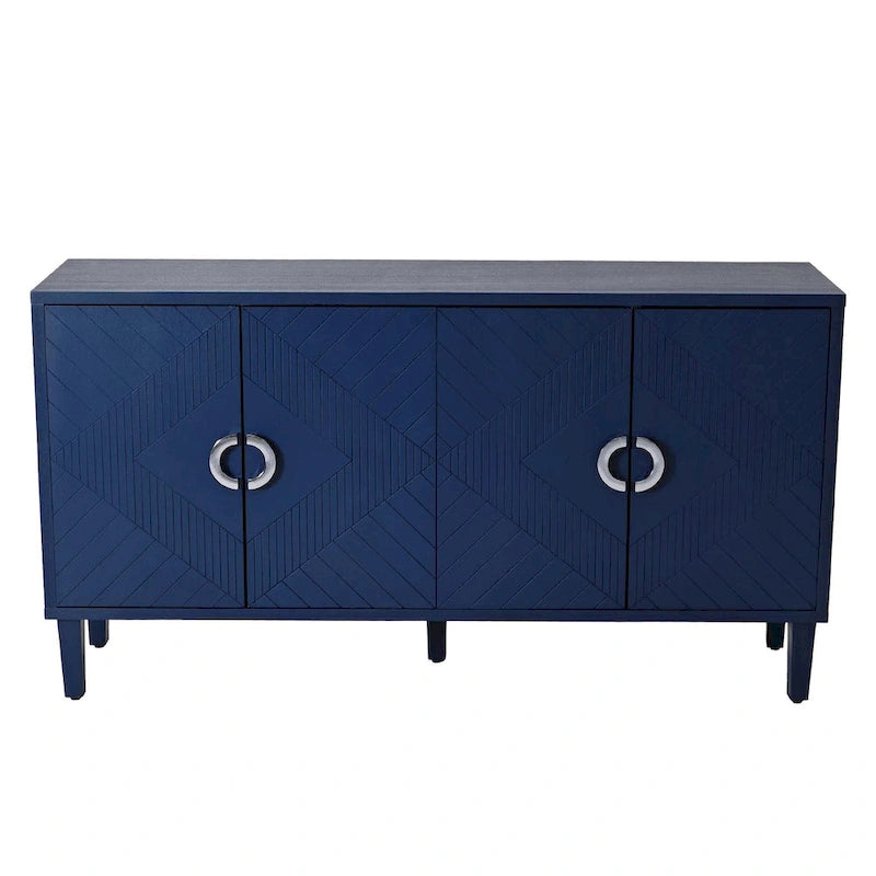 4 Door Sideboard Geometric Diamond Carved Panel Round Ring Pulls Pine Legs Adjustable Shelf