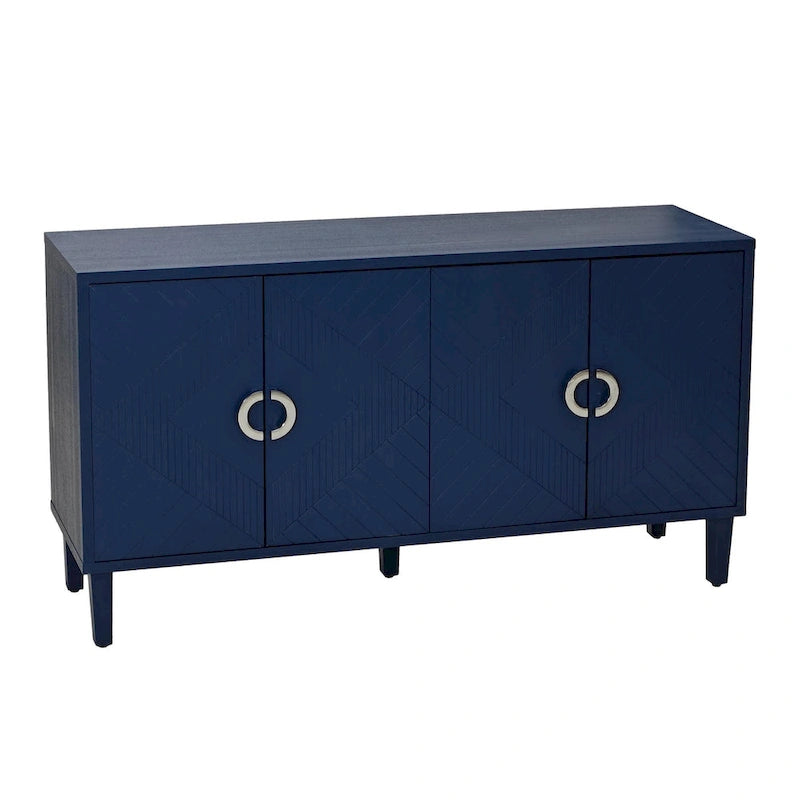 4 Door Sideboard Geometric Diamond Carved Panel Round Ring Pulls Pine Legs Adjustable Shelf