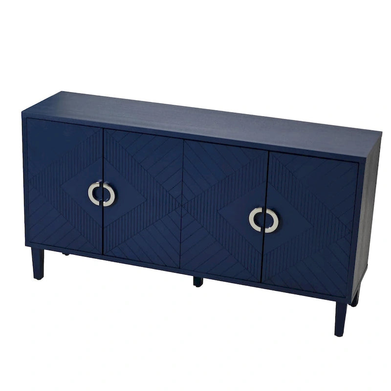 4 Door Sideboard Geometric Diamond Carved Panel Round Ring Pulls Pine Legs Adjustable Shelf
