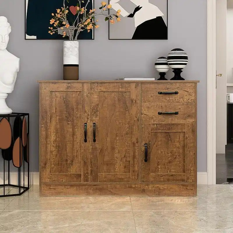 Rustic Brown Wood Sideboard Cabinet 3 Doors 2 Drawers Black Handles Storage