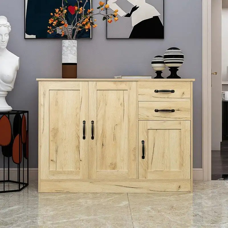 Rustic Brown Wood Sideboard Cabinet 3 Doors 2 Drawers Black Handles Storage