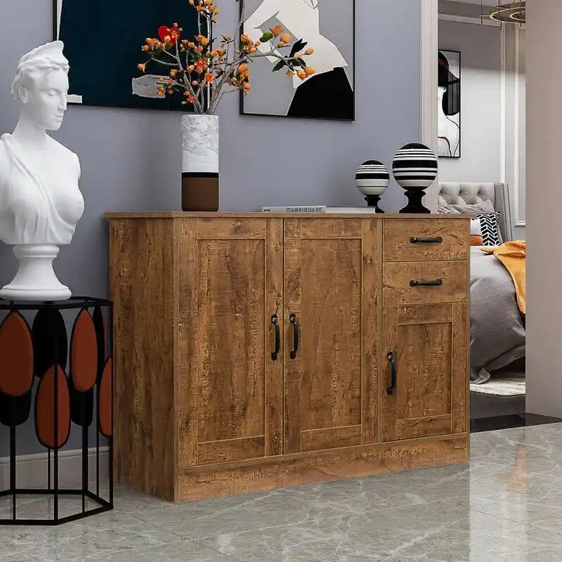 Rustic Brown Wood Sideboard Cabinet 3 Doors 2 Drawers Black Handles Storage