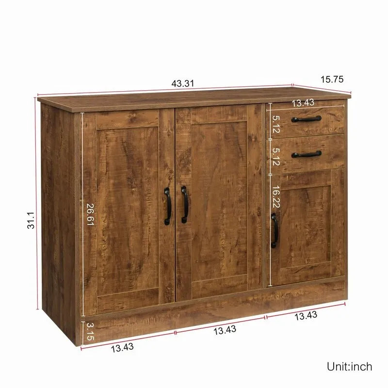 Rustic Brown Wood Sideboard Cabinet 3 Doors 2 Drawers Black Handles Storage