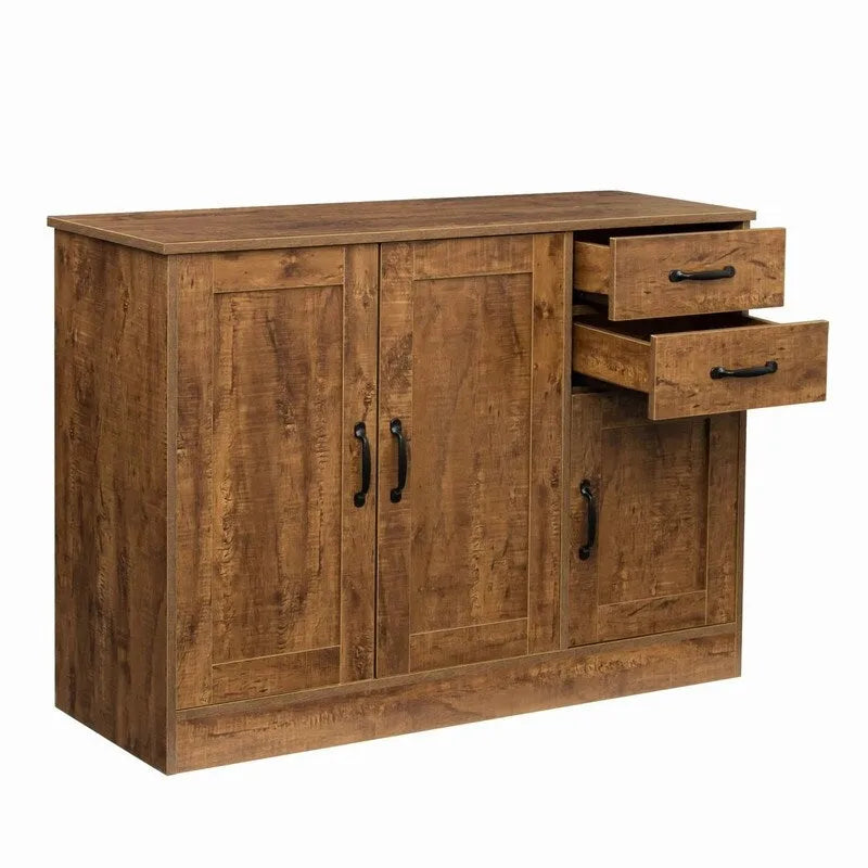 Rustic Brown Wood Sideboard Cabinet 3 Doors 2 Drawers Black Handles Storage