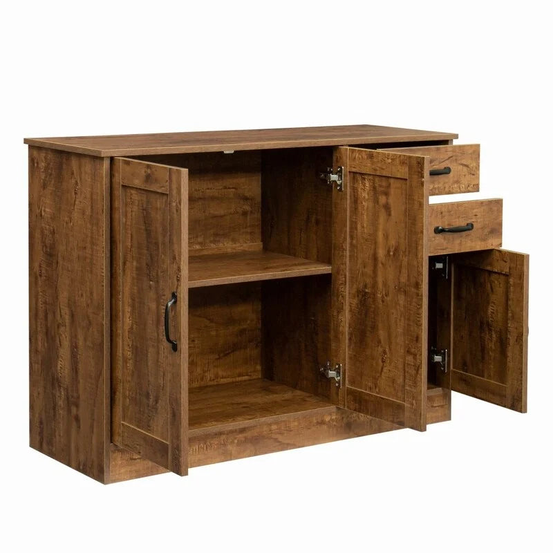 Rustic Brown Wood Sideboard Cabinet 3 Doors 2 Drawers Black Handles Storage