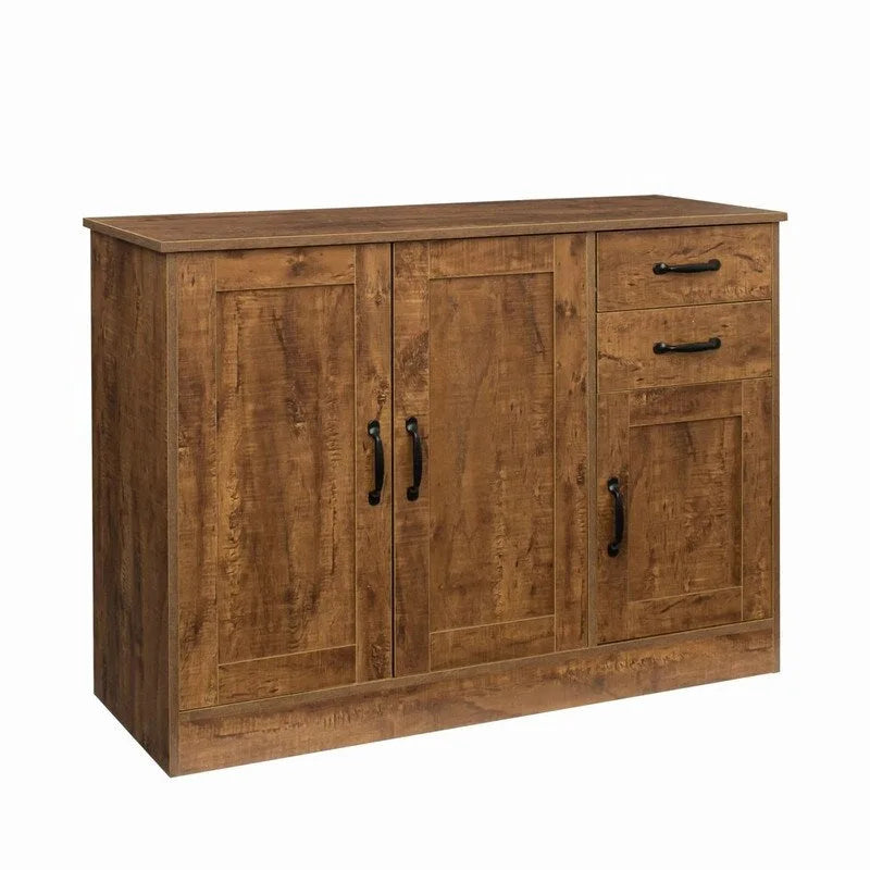 Rustic Brown Wood Sideboard Cabinet 3 Doors 2 Drawers Black Handles Storage