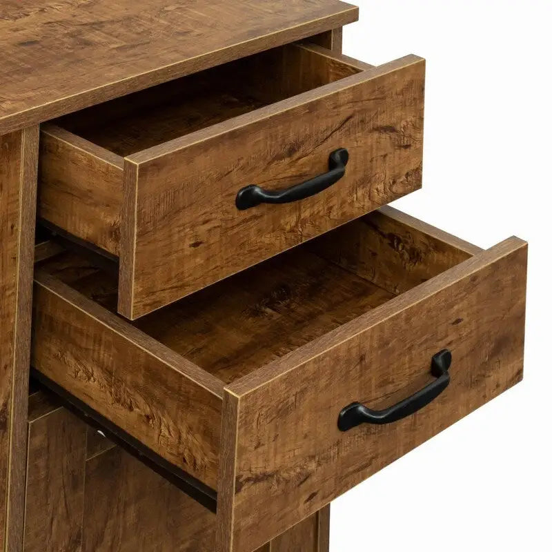 Rustic Brown Wood Sideboard Cabinet 3 Doors 2 Drawers Black Handles Storage