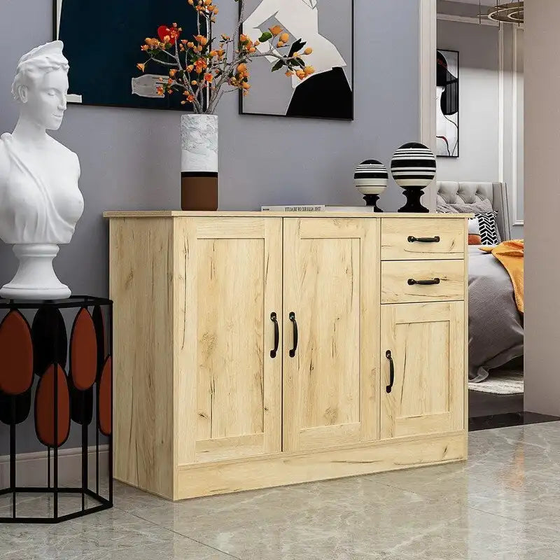 Rustic Brown Wood Sideboard Cabinet 3 Doors 2 Drawers Black Handles Storage