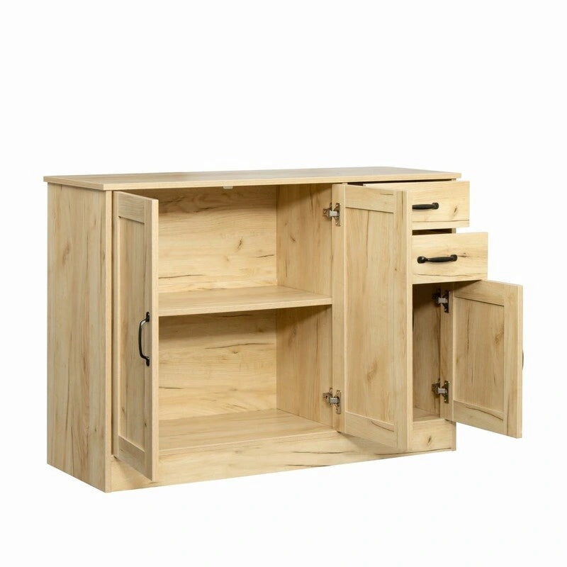 Rustic Brown Wood Sideboard Cabinet 3 Doors 2 Drawers Black Handles Storage