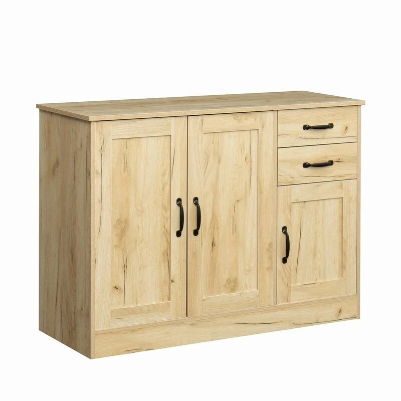 Rustic Brown Wood Sideboard Cabinet 3 Doors 2 Drawers Black Handles Storage