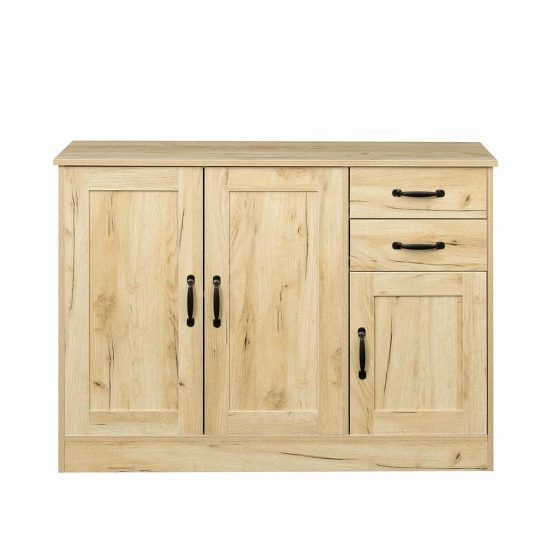 Rustic Brown Wood Sideboard Cabinet 3 Doors 2 Drawers Black Handles Storage