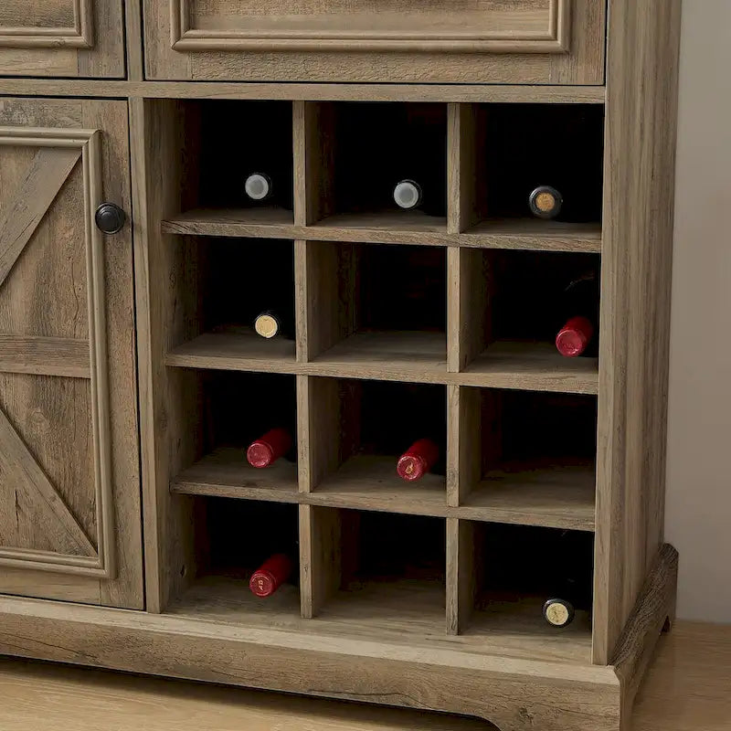 Farmhouse Bar Cabinet Barn Door 12 Bottle Wine Rack 2 Drawers Rustic Sideboard Buffet