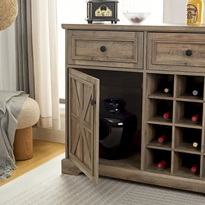 Farmhouse Bar Cabinet Barn Door 12 Bottle Wine Rack 2 Drawers Rustic Sideboard Buffet