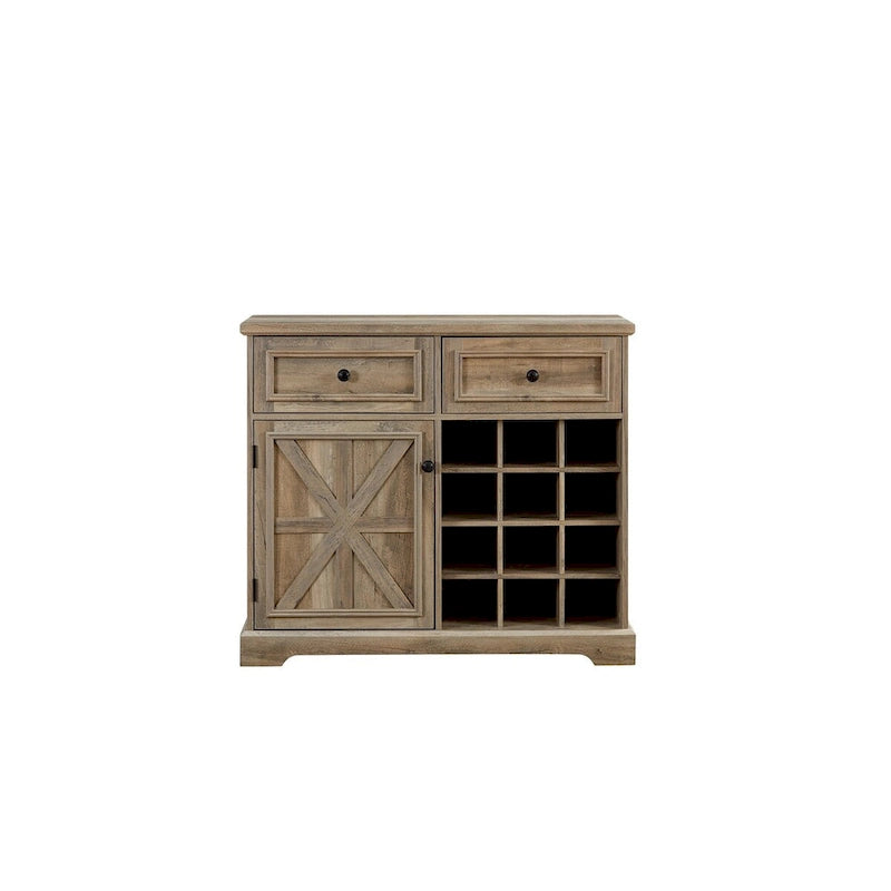 Farmhouse Bar Cabinet Barn Door 12 Bottle Wine Rack 2 Drawers Rustic Sideboard Buffet