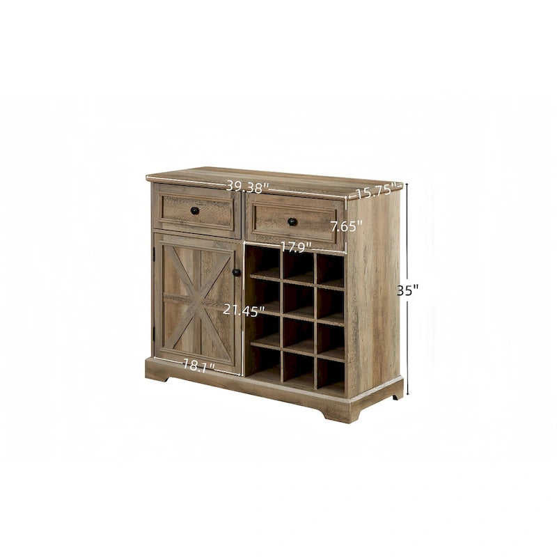 Farmhouse Bar Cabinet Barn Door 12 Bottle Wine Rack 2 Drawers Rustic Sideboard Buffet