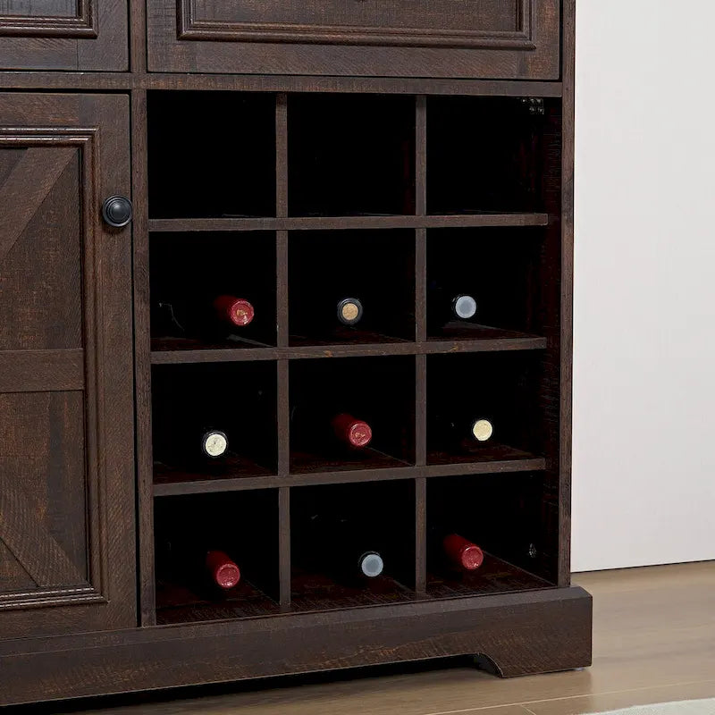 Farmhouse Bar Cabinet Barn Door 12 Bottle Wine Rack 2 Drawers Rustic Sideboard Buffet