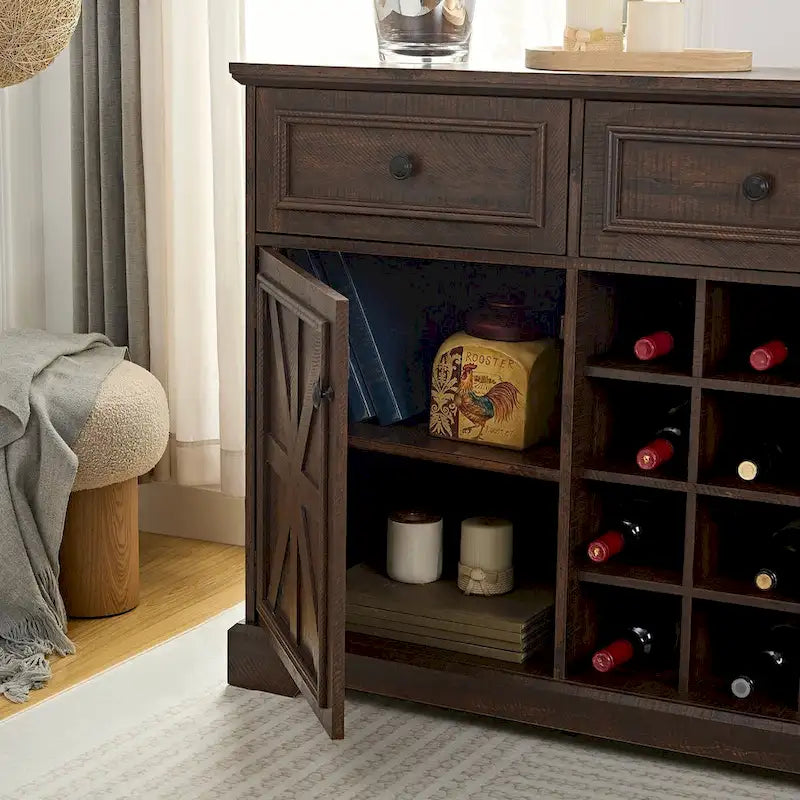 Farmhouse Bar Cabinet Barn Door 12 Bottle Wine Rack 2 Drawers Rustic Sideboard Buffet