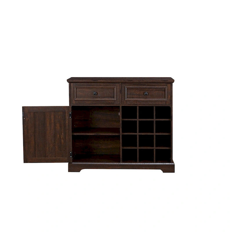 Farmhouse Bar Cabinet Barn Door 12 Bottle Wine Rack 2 Drawers Rustic Sideboard Buffet
