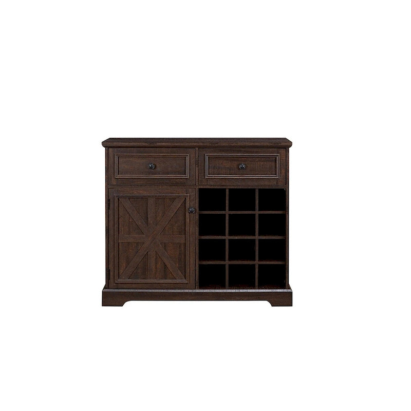 Farmhouse Bar Cabinet Barn Door 12 Bottle Wine Rack 2 Drawers Rustic Sideboard Buffet
