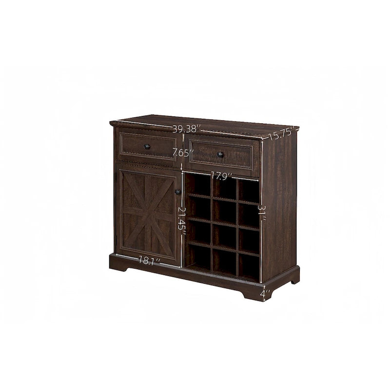 Farmhouse Bar Cabinet Barn Door 12 Bottle Wine Rack 2 Drawers Rustic Sideboard Buffet