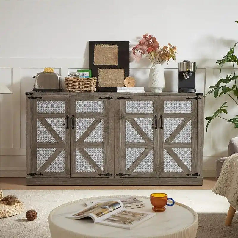 Boho Sideboard 4 Door Faux Rattan X-Frame Cabinet Adjustable Shelf Rustic Oak Stone Grey