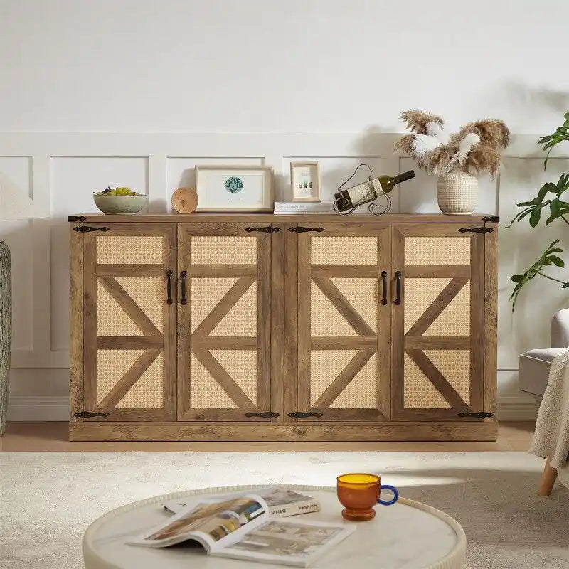 Boho Sideboard 4 Door Faux Rattan X-Frame Cabinet Adjustable Shelf Rustic Oak Stone Grey