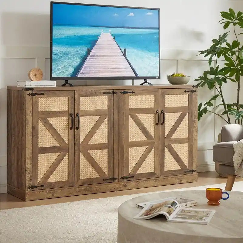 Boho Sideboard 4 Door Faux Rattan X-Frame Cabinet Adjustable Shelf Rustic Oak Stone Grey