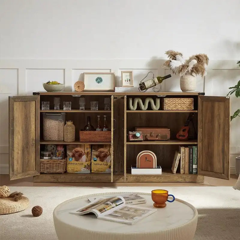 Boho Sideboard 4 Door Faux Rattan X-Frame Cabinet Adjustable Shelf Rustic Oak Stone Grey