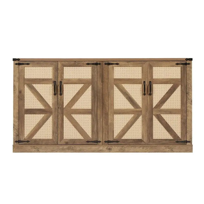 Boho Sideboard 4 Door Faux Rattan X-Frame Cabinet Adjustable Shelf Rustic Oak Stone Grey