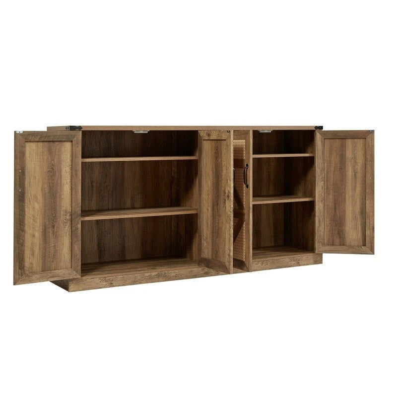 Boho Sideboard 4 Door Faux Rattan X-Frame Cabinet Adjustable Shelf Rustic Oak Stone Grey