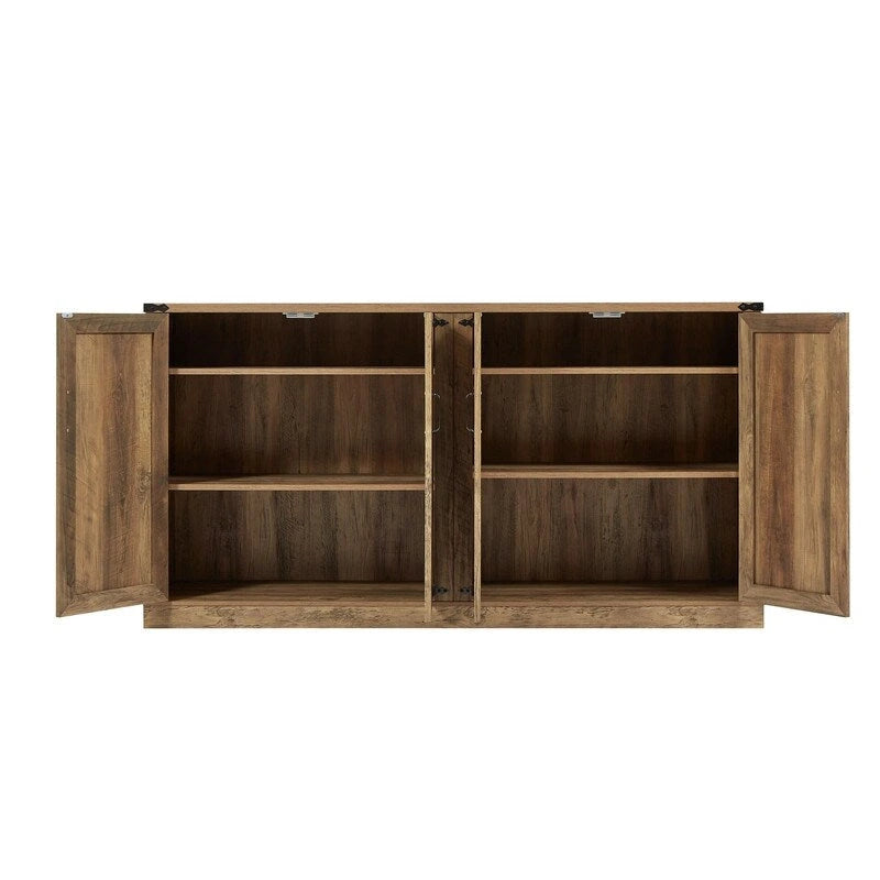 Boho Sideboard 4 Door Faux Rattan X-Frame Cabinet Adjustable Shelf Rustic Oak Stone Grey