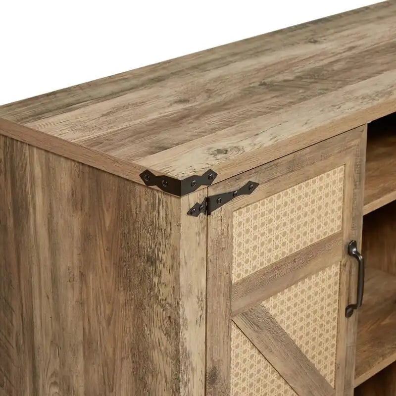 Boho Sideboard 4 Door Faux Rattan X-Frame Cabinet Adjustable Shelf Rustic Oak Stone Grey