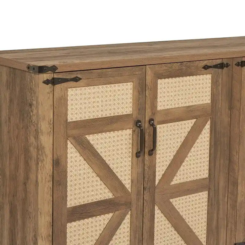 Boho Sideboard 4 Door Faux Rattan X-Frame Cabinet Adjustable Shelf Rustic Oak Stone Grey