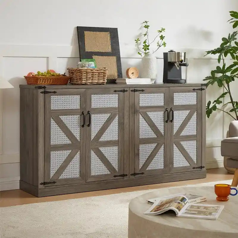 Boho Sideboard 4 Door Faux Rattan X-Frame Cabinet Adjustable Shelf Rustic Oak Stone Grey