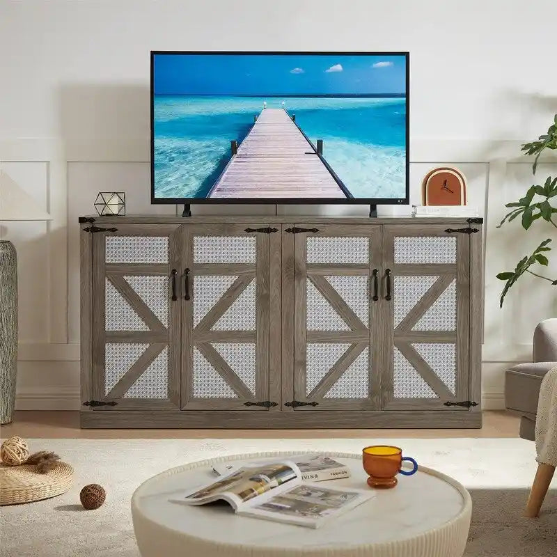 Boho Sideboard 4 Door Faux Rattan X-Frame Cabinet Adjustable Shelf Rustic Oak Stone Grey