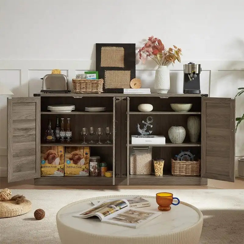Boho Sideboard 4 Door Faux Rattan X-Frame Cabinet Adjustable Shelf Rustic Oak Stone Grey