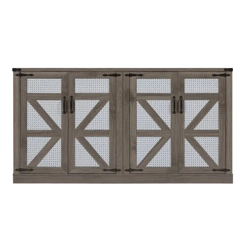 Boho Sideboard 4 Door Faux Rattan X-Frame Cabinet Adjustable Shelf Rustic Oak Stone Grey