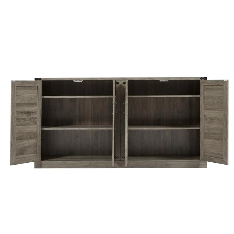 Boho Sideboard 4 Door Faux Rattan X-Frame Cabinet Adjustable Shelf Rustic Oak Stone Grey