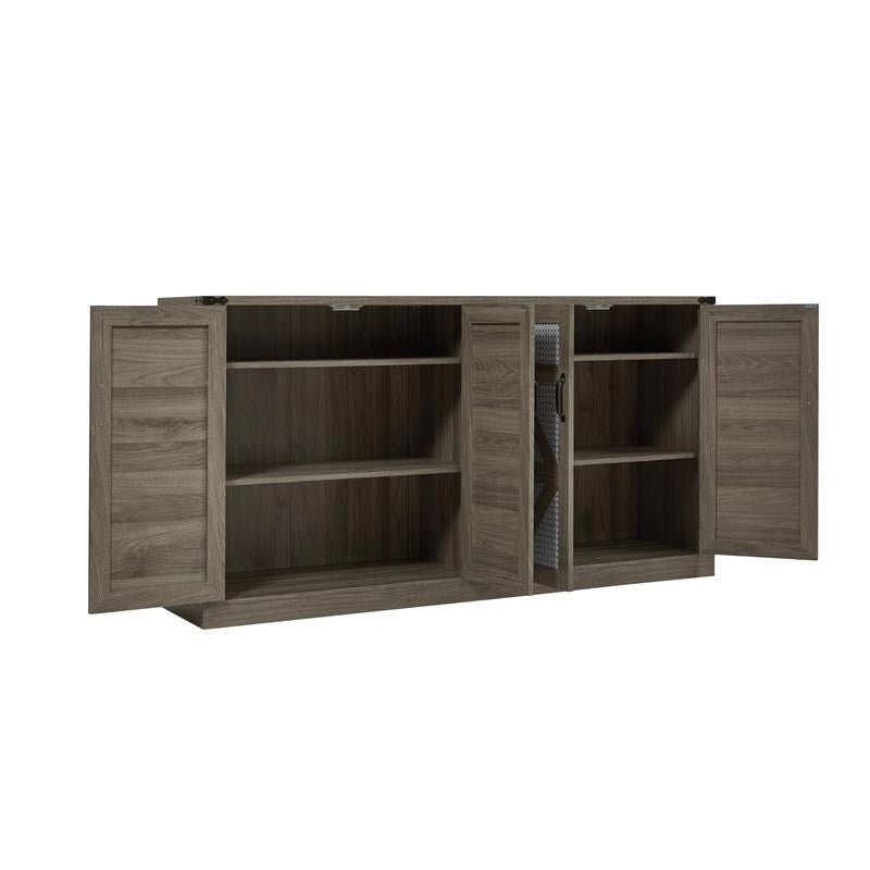 Boho Sideboard 4 Door Faux Rattan X-Frame Cabinet Adjustable Shelf Rustic Oak Stone Grey
