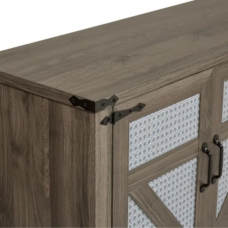 Boho Sideboard 4 Door Faux Rattan X-Frame Cabinet Adjustable Shelf Rustic Oak Stone Grey