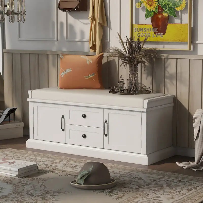 Entryway Storage Bench 2 Cabinet Doors 2 Drawers Removable Velvet Cushion Raised Panel Vintage