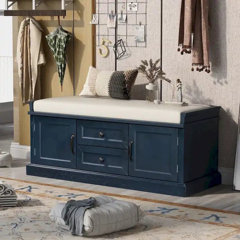 Entryway Storage Bench 2 Cabinet Doors 2 Drawers Removable Velvet Cushion Raised Panel Vintage