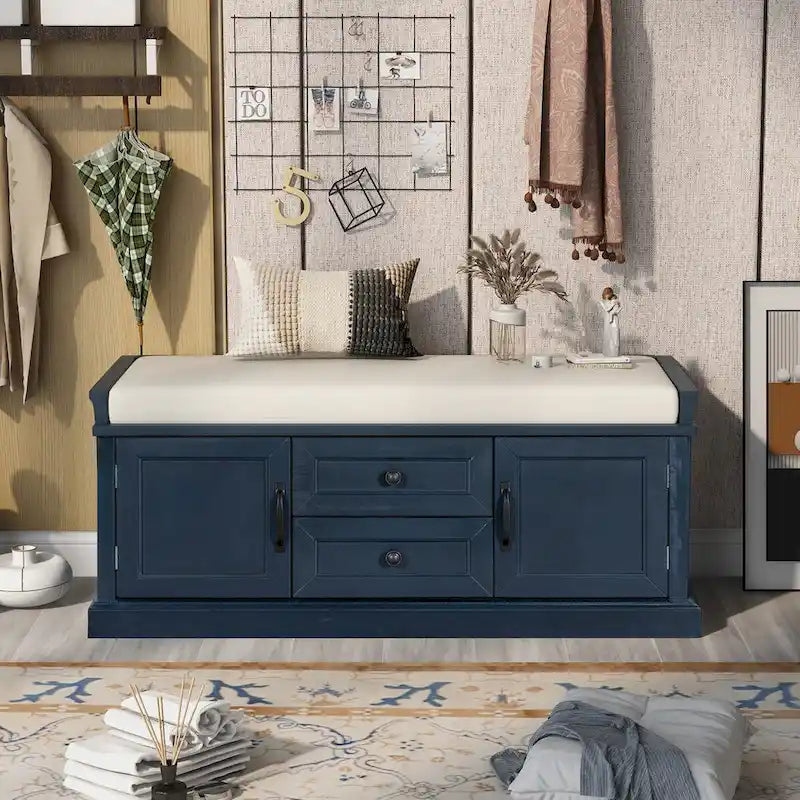 Entryway Storage Bench 2 Cabinet Doors 2 Drawers Removable Velvet Cushion Raised Panel Vintage