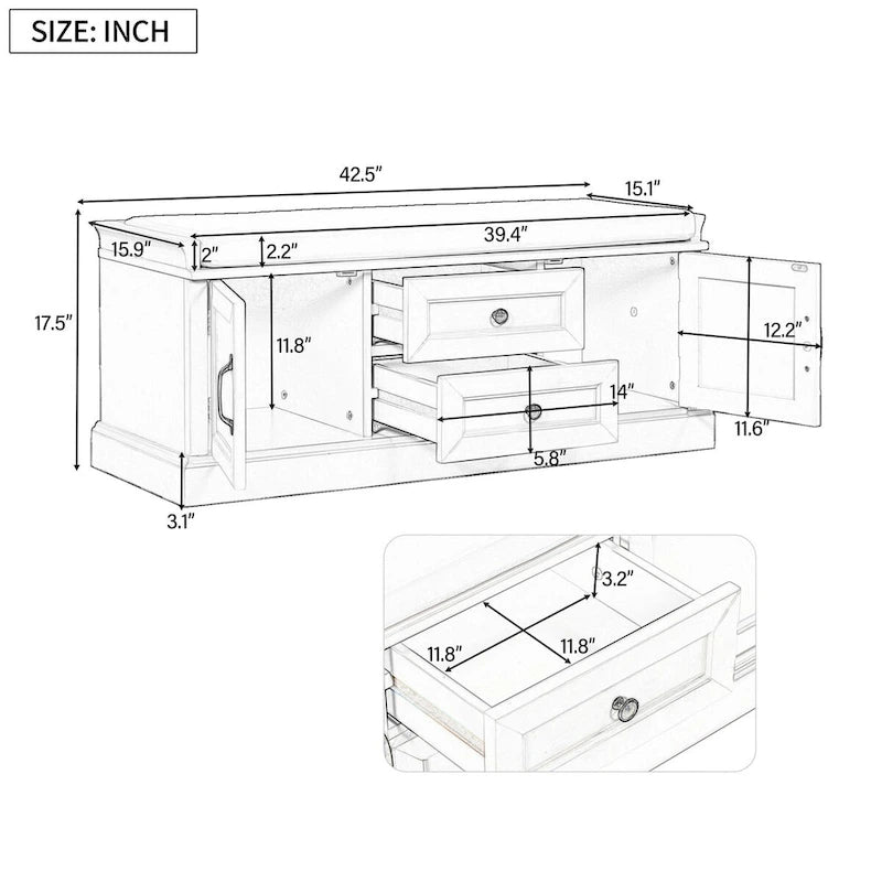 Entryway Storage Bench 2 Cabinet Doors 2 Drawers Removable Velvet Cushion Raised Panel Vintage