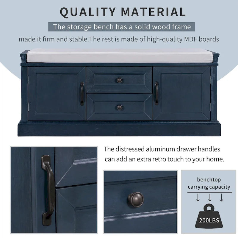 Entryway Storage Bench 2 Cabinet Doors 2 Drawers Removable Velvet Cushion Raised Panel Vintage